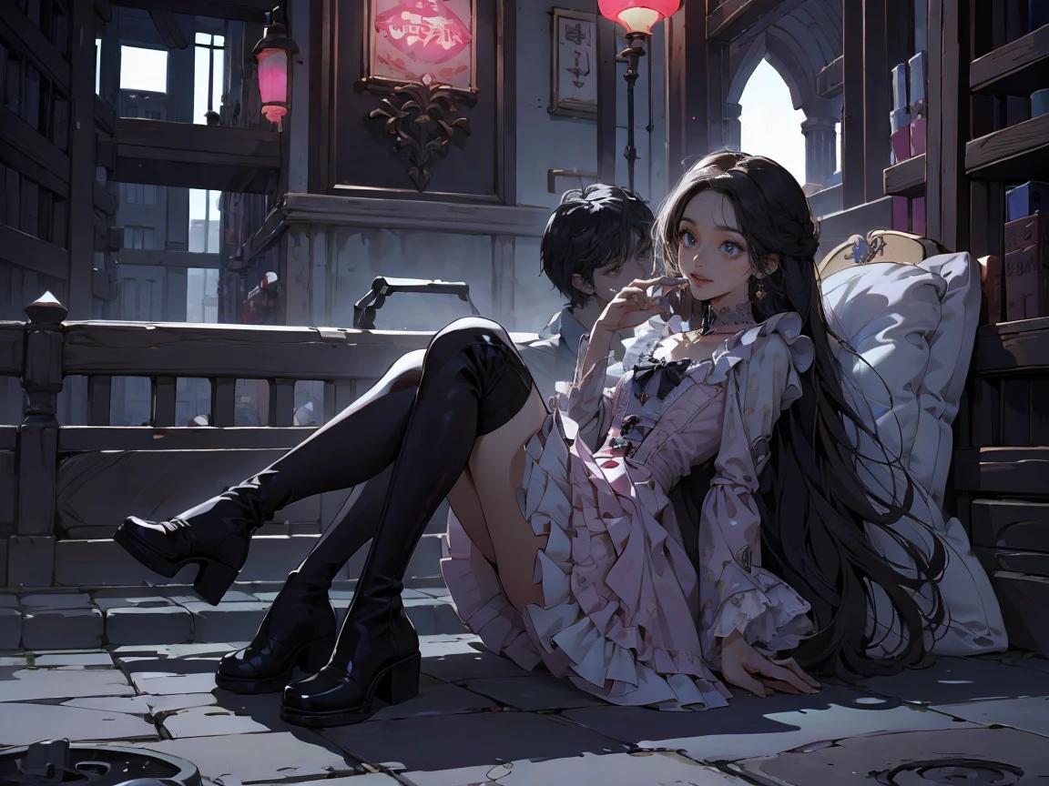 (best quality,4K,high resolution,masterpiece:1.2),Very detailed,Practical:1.37,,(whole body, Legs and boots visible: 1.2),、Thief、thief、10 counts、Criminal woman、Bad Woman、robbery、Raid Store、Anime style、storytelling、、beautiful girl、とてもLovely天使、Pink Gothic Dress、Lovely、baby face、Smile、Long skirt、,Black boots、(クレイジーなSmile:1.3)、(クレイジーなSmile:1.3),クレイジーなSmile, beautiful, Exquisite facial features, Sharp Eyes, Fangs, Mouthをとても開く, Show your teeth,Sharp teeth like a beast, Mouth唇很宽, とても広いMouth, Vermillion Cheeks,
Mouth, , Vermillion Cheeks,sit,View your audience,Focus on the screen