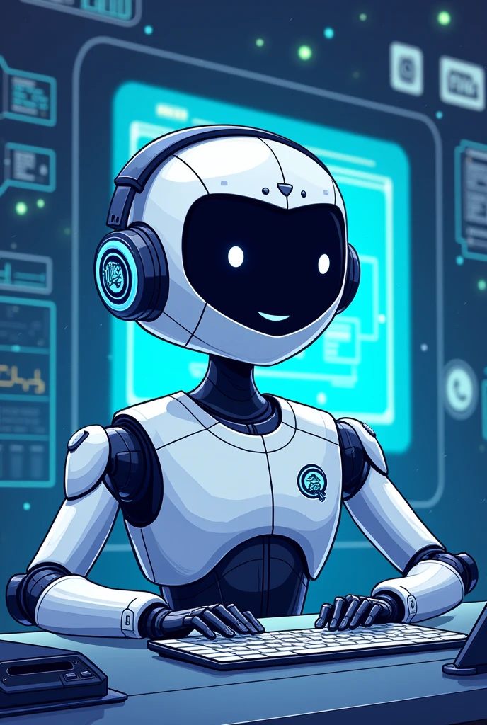 a chat bot, friendly, fashion, blue with white color, with headphones and chatting, in a computer, illustration