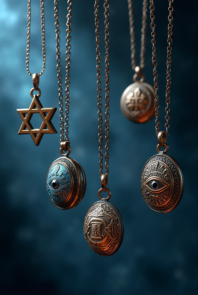 (Photorealism: 1.2), 5 amulets, many separate talismans, Wicca, Star of David, Tetragrammaton, Turkish eye, powerful pendant style, deep blue and silver color, mystical looking straight ahead, suspended.
