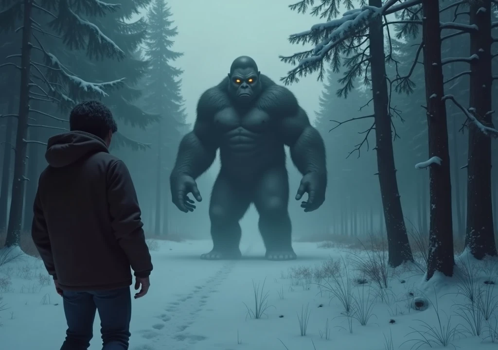 The first person character is hallucinating and sees a Bigfoot. The forest is cold and snowing, kinda dark, dark image, atmosphere of terror.