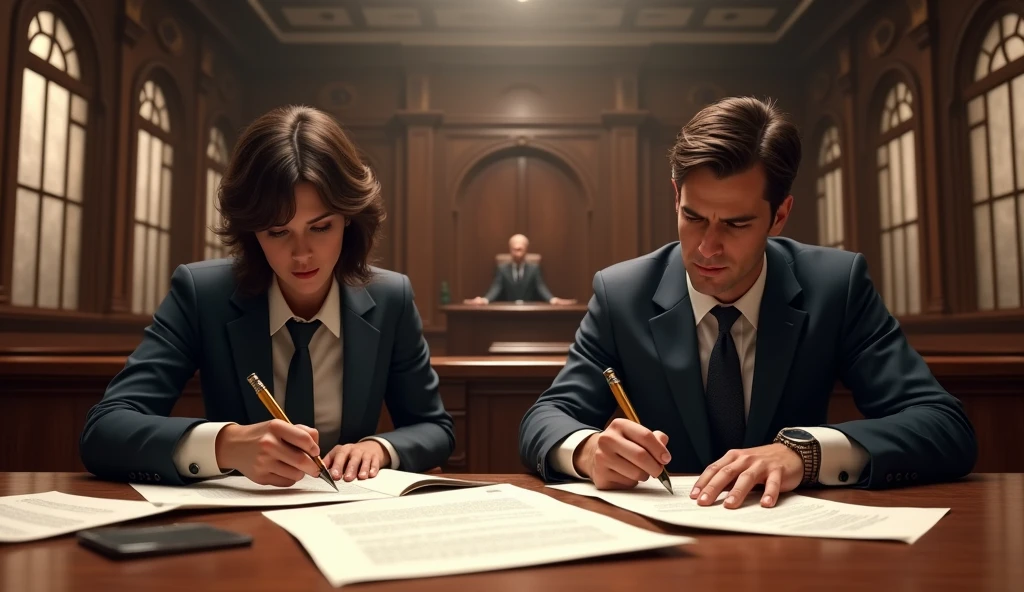 create an image of a courtroom with lawyers writing documents signaling a change. in 16x9 format