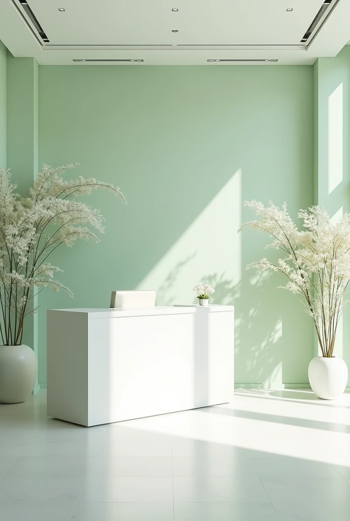 Design of the reception of a beauty clinic, a clinic in white and light green , with some white plants, a very elegant clinic, sophisticated and modern