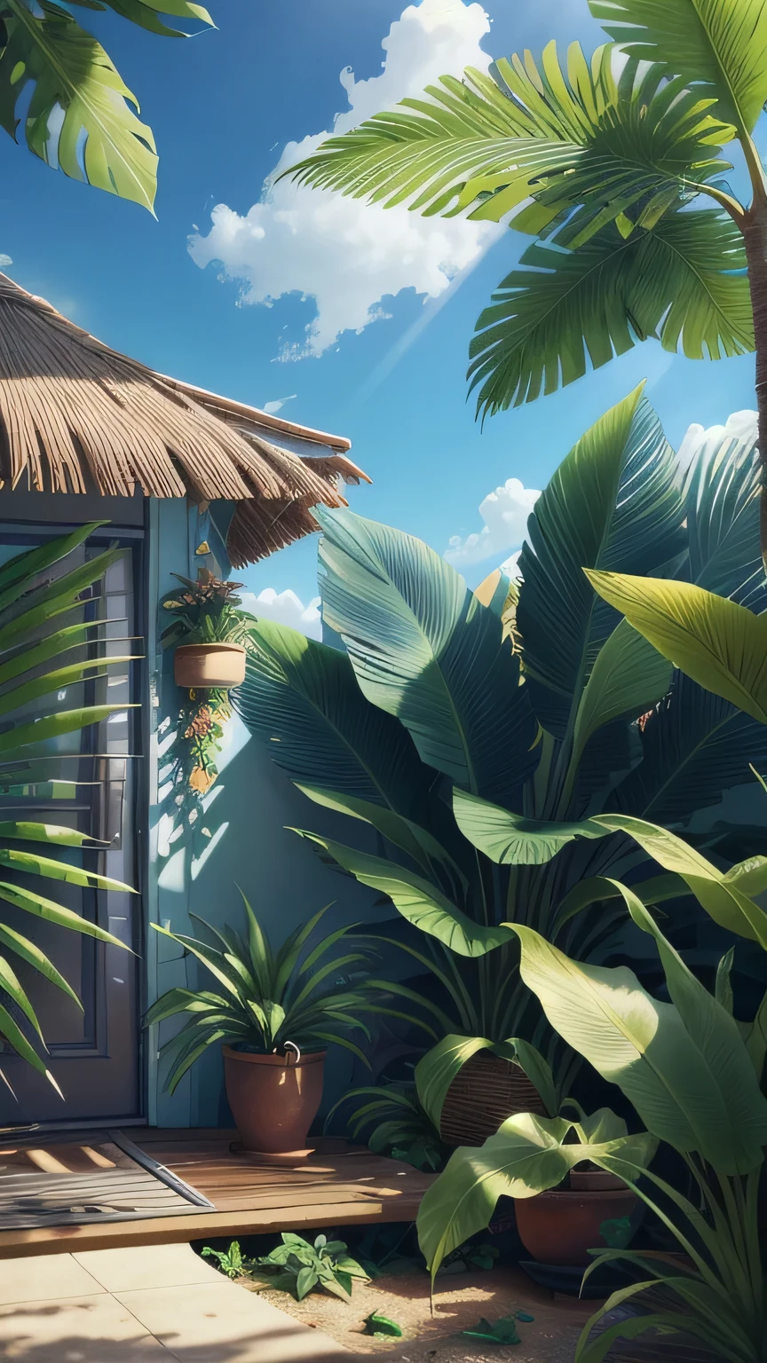 Ultra-realistic scenes, Parallel world, God-like tropical exotic plants, cult, Tropical flowers, Unusual art, Unique art, Summer blue sky background, sunlight, bright sunlight, Blender, Product Rendering, High quality 8K.
