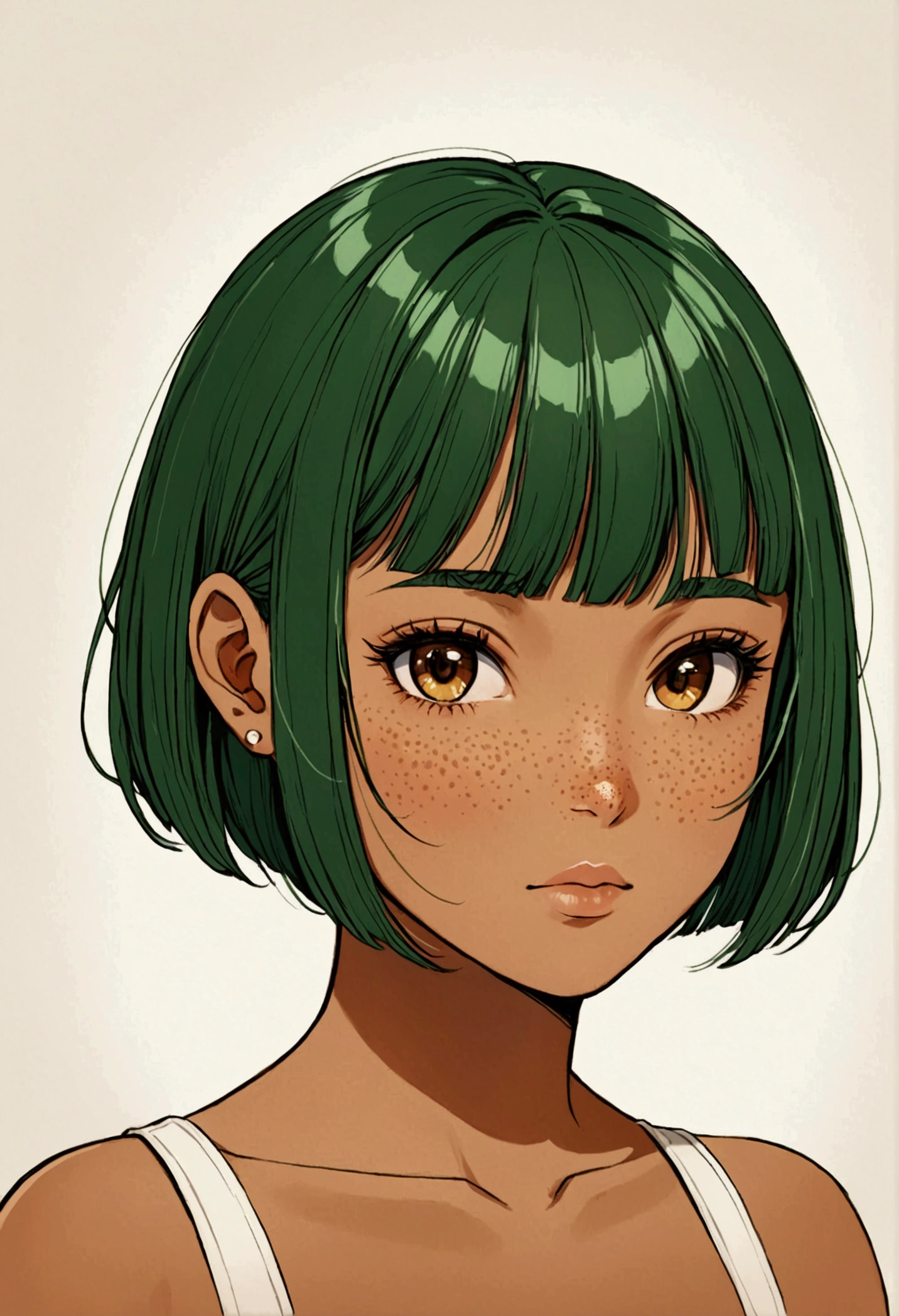 Tan skin girl amber eyes dark green hair very short bowl cut freckles