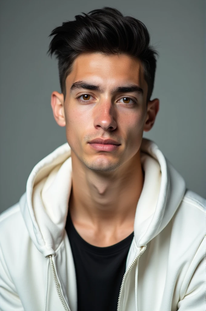 "Crée un portrait d'un homme de 21 ans regardant droit devant lui. Il a la peau claire, des cheveux noirs lisses avec une coupe dégradée, et des yeux légèrement marron. Il porte un débardeur ???? sous un sweat à capuche blanc, la capuche étant baissée (ne couvrant pas sa tête). L'image doit se concentrer sur le haut du corps, montrant clairement ses traits du visage et sa tenue."
