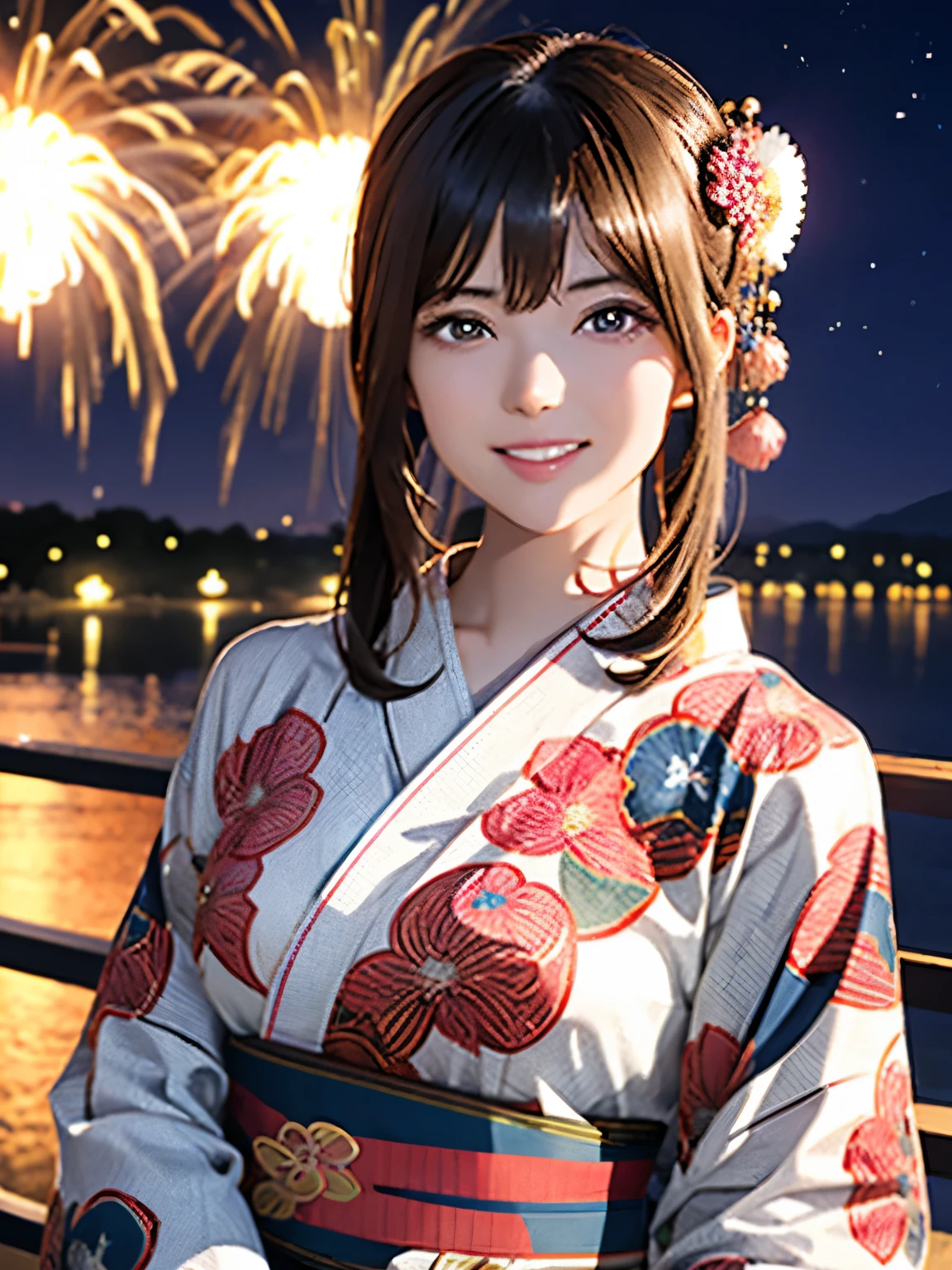 High resolution, 8k, Highest quality, detailed, Semi-realistic anime, Anime 3D Style, Smooth anime CG, One Girl, A 20-year-old Japanese woman, slim, Modeled, Shiny brown hair, detailedな顔, Beautiful and detailed, Glowing Skin, Hard Focus、Film Grain, Soft lighting, Looking at the audience, Laughter, (A woman wearing a gorgeous yukata and hair accessory), A summer festival where large fireworks are launched into the night sky、People gathering along the river々