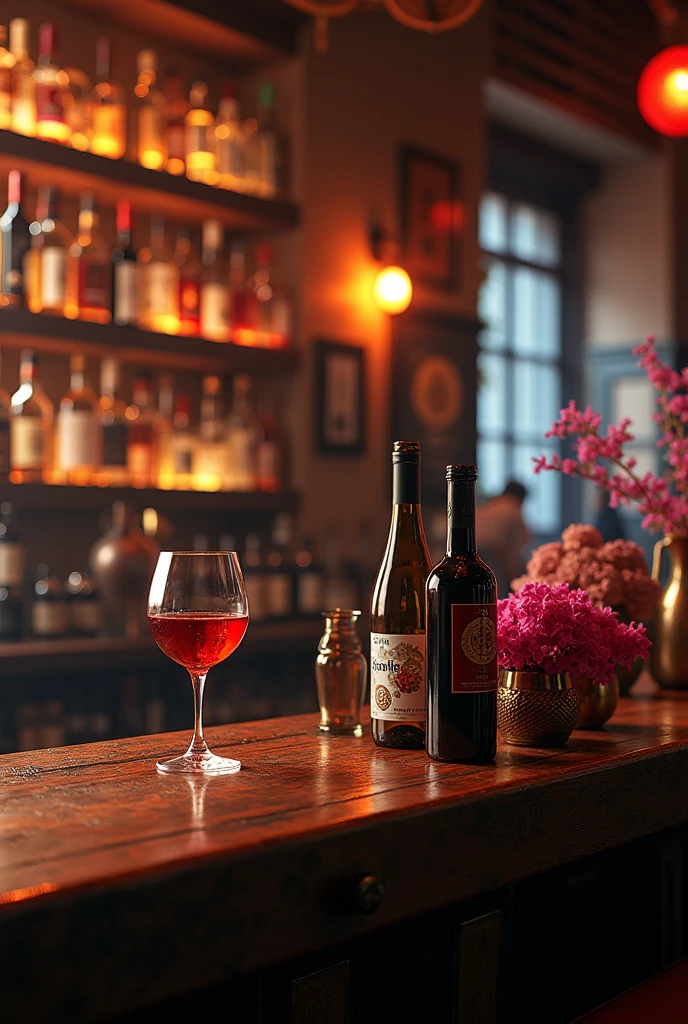 Authentic BAR、Japanese Tea、tea、steampunk、Close up of the counter、Spectacular Background、Many wine bottles and flowers on the bar counter、Glass of wine、Dramatic chiaroscuro lighting, Rich and atmospheric colors, Structure of the film, photoRealistic, 8k, (Highest quality,4K,8k,High resolution,masterpiece:1.2),Very detailed,(Realistic,photoRealistic,photo-Realistic:1.37),High resolution,超High resolution,Studio Lighting,Ultra-fine painting,Sharp focus,Physically Based Rendering,Very detailed説明,Professional,Vibrant colors,