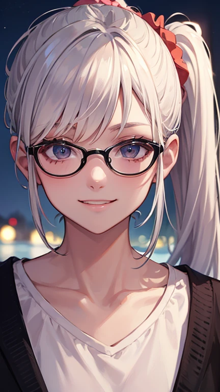 ((best quality)), ((masterpiece)), (detailed), perfect face, Ponytail and scrunchie, white hair, wears glasses, night, mischivous smile, scary, close up, 
