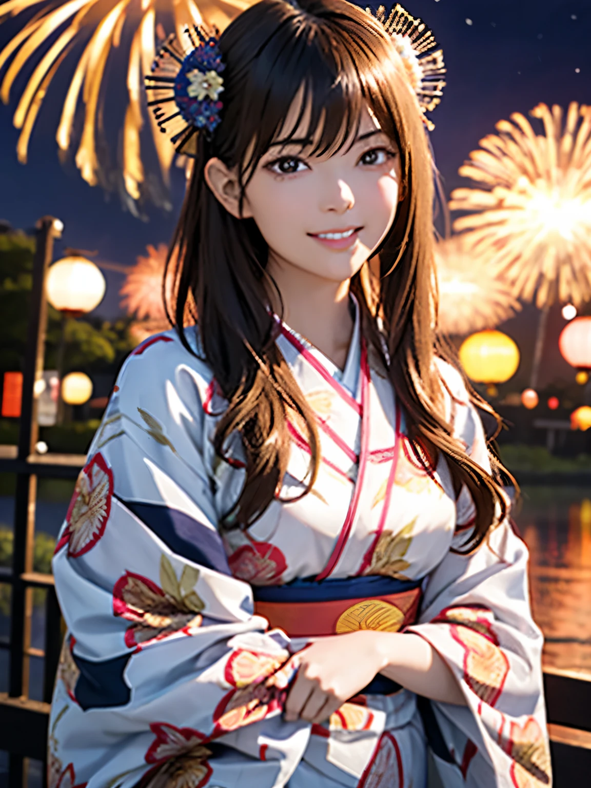 High resolution, 8k, Highest quality, detailed, Semi-realistic anime, Anime 3D Style, Smooth anime CG, One Girl, A 20-year-old Japanese woman, slim, Modeled, Shiny brown hair, detailedな顔, Beautiful and detailed, Glowing Skin, Hard Focus、Film Grain, Soft lighting, Looking at the audience, Laughter, (A woman wearing a gorgeous yukata and hair accessory), A summer festival where large fireworks are launched into the night sky、People gathering along the river々
