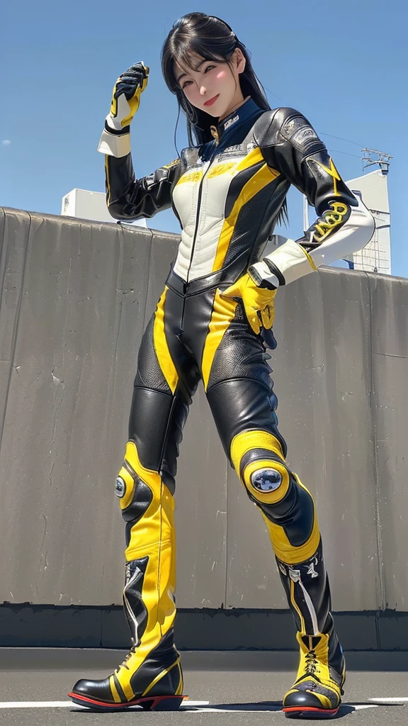 Super delicate beauty, 1 girl, Intricate body details,,Unreal Engine:1.4, Enchanted face、Embarrassed face、Open your mouth、Drooling、Wipe away tears、Highest quality、Long limbs、Bust Oversized、(((motorcycle racing outフィット)))、(((多くのスポンサーのロゴが入ったワンピースbike leather suit着用))、(((blackhead 長い hair))),((Wearing racing leather gloves that cover the fingers and wrists、Wearing long racing leather boots))、Female motorcycle rider、Cowhide leather jumpsuit、bike leather suit