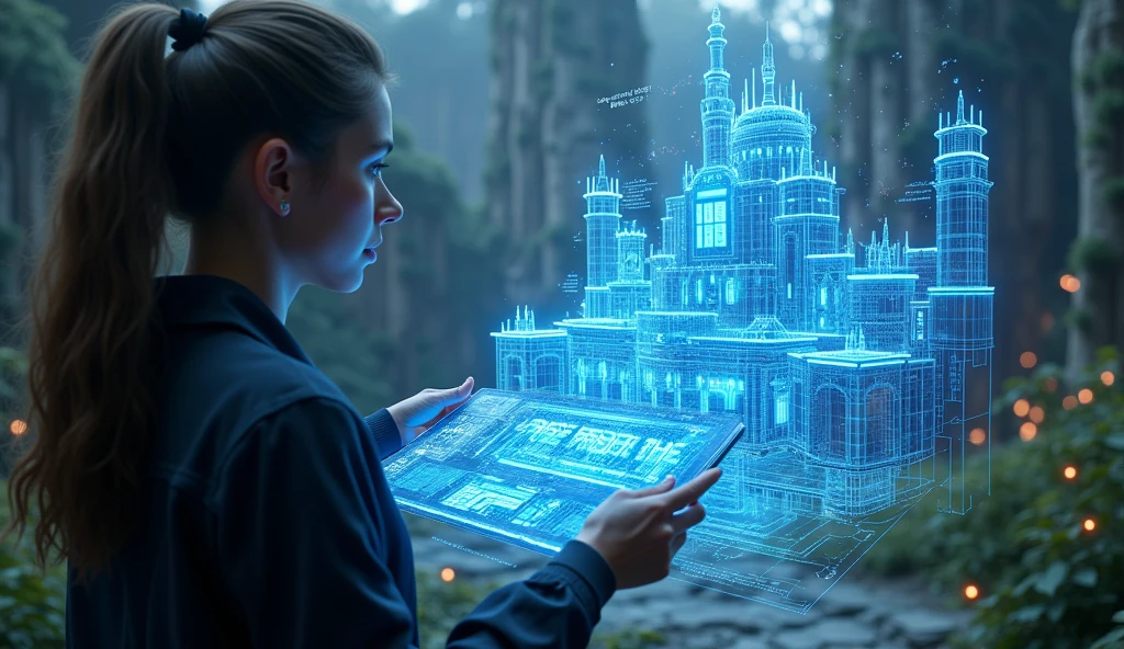 "Design a next-level ultra-realistic, ultra-3D thumbnail focusing on the character holding a high-tech, holographic blueprint that floats in mid-air. The blueprint should be intricately detailed, with futuristic designs that suggest the rebuilding of the campus. The background should showcase a stark contrast between the ruins and the glowing, newly imagined structures. The scene should include highly detailed, realistic textures—cracked stone, overgrown foliage, and vibrant, illuminated holograms. The character’s intense focus on the blueprint should be evident, with their face lit by the glow of the hologram. The text 'RISE FROM THE ASHES' should appear integrated into the blueprint itself, in glowing, electric blue 3D letters, with energy arcs and sparks emphasizing the transformative vision."