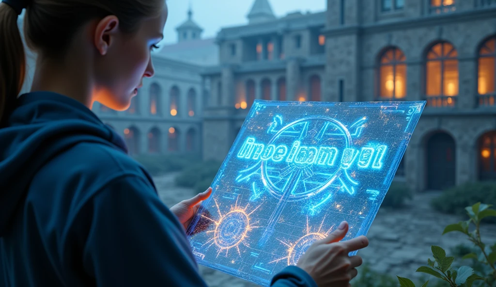 "Design a next-level ultra-realistic, ultra-3D thumbnail focusing on the character holding a high-tech, holographic blueprint that floats in mid-air. The blueprint should be intricately detailed, with futuristic designs that suggest the rebuilding of the campus. The background should showcase a stark contrast between the ruins and the glowing, newly imagined structures. The scene should include highly detailed, realistic textures—cracked stone, overgrown foliage, and vibrant, illuminated holograms. The character’s intense focus on the blueprint should be evident, with their face lit by the glow of the hologram. The text 'RISE FROM THE ASHES' should appear integrated into the blueprint itself, in glowing, electric blue 3D letters, with energy arcs and sparks emphasizing the transformative vision."