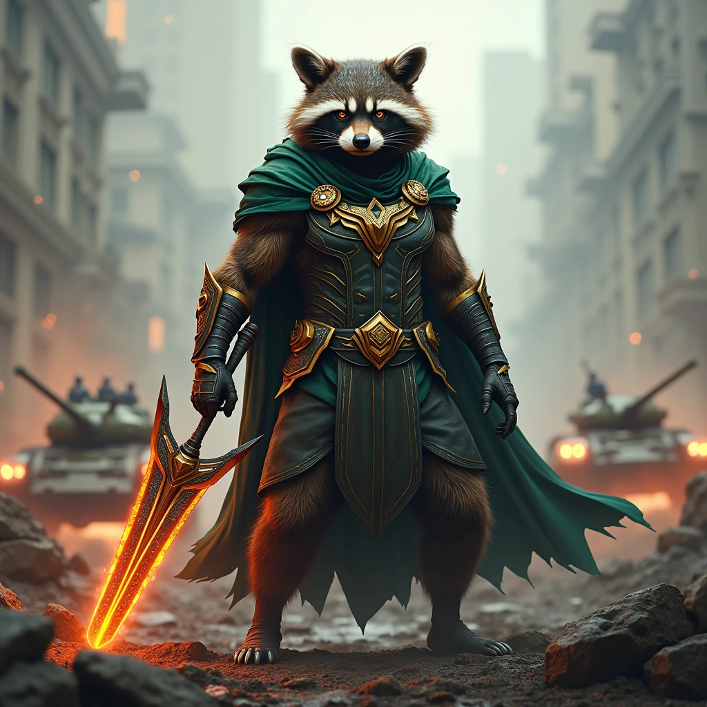 a tall, strong raccoon with flaming eyes wearing a Loki uniform in a war zone with tanks in the background holding a powerful weapon exuding a victorious aura