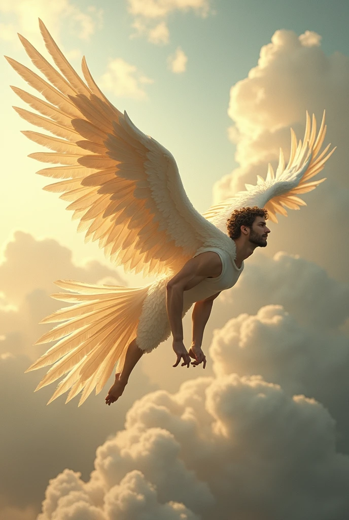 Caucasian male human with bird body flying through the sky Angelic appearance 