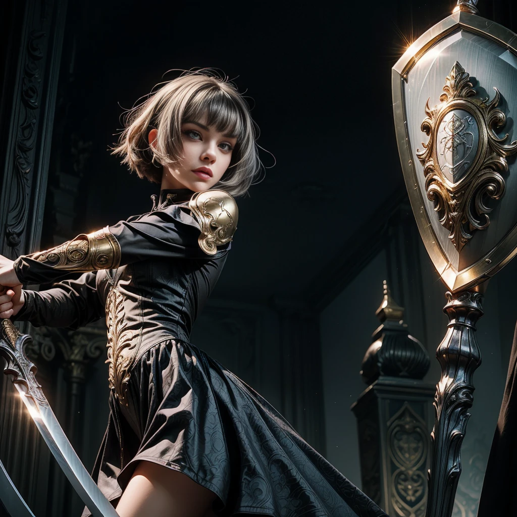 (Ultra HD、Very detailed、Highest quality、whole body、Detailed face、Concept Art、Angle from below、Cool pose、She thrust one hand forward):1.8、(Gray Hair、Bobcut、Bangs、A gorgeous gothic dress with an intricate design、Excessive golden decoration、Close Combat Stance、Holding a sword and shield):2.0