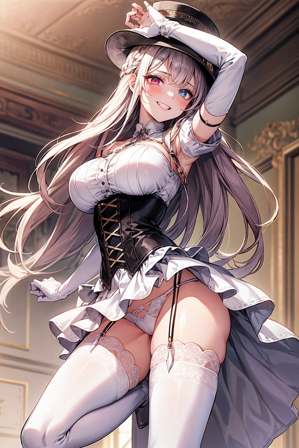 masterpiece, Highest quality, One person, Sariel, Heterochromia iridis, Braided bangs, indoor, Ruler, O-ring top, corset, Peaked Hat, White panties, Thigh-high boots, Huge breasts, Grin, blush, From below, whip 、long gloves up to the elbow、garter belt