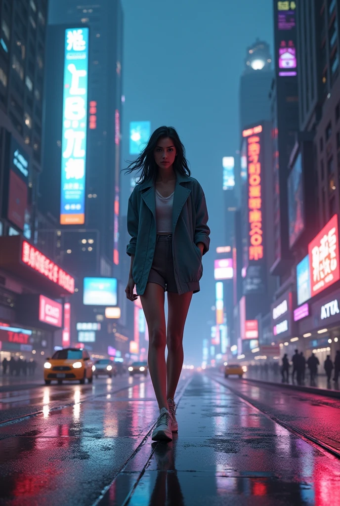Girl walking on the street at night time. Futuristic city.