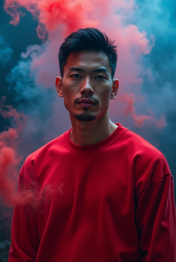 A handsome asia guy in a red sweatshirt and black short hair, handsome, red and blue smoke background 