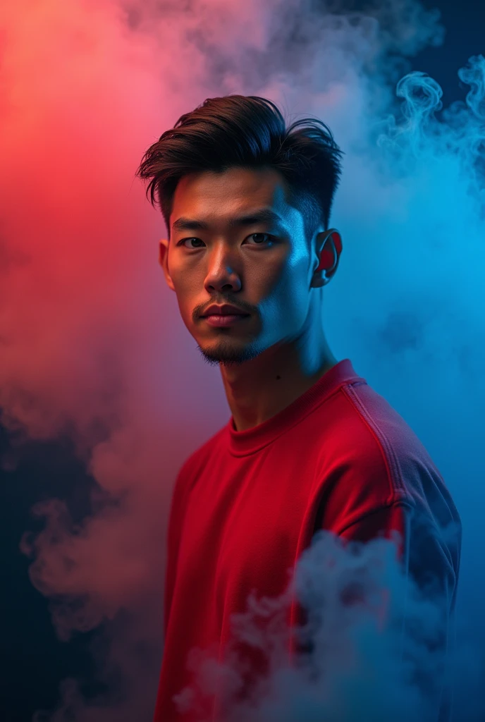 A handsome asia guy in a red sweatshirt and black short hair, handsome, red and blue smoke background 