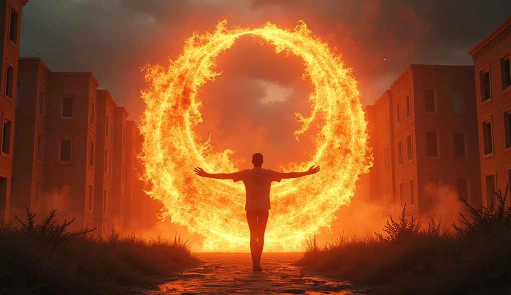 "Generate an ultra-realistic, ultra-3D thumbnail featuring the character standing with their arms outstretched, as if embracing the future. Behind them, the abandoned university campus is shown in vivid detail—crumbling buildings, shattered glass, and overgrown paths. The character should be enveloped in a swirling vortex of fiery energy, with glowing embers and phoenix-like flames rising around them, symbolizing rebirth. The lighting should be intensely dramatic, with deep shadows contrasting against the fiery glow. The text 'RISE FROM THE ASHES' should arc above the character in massive, 3D, flame-textured letters, with the flames subtly animated to appear alive and dynamic, giving the thumbnail an explosive, attention-grabbing look."