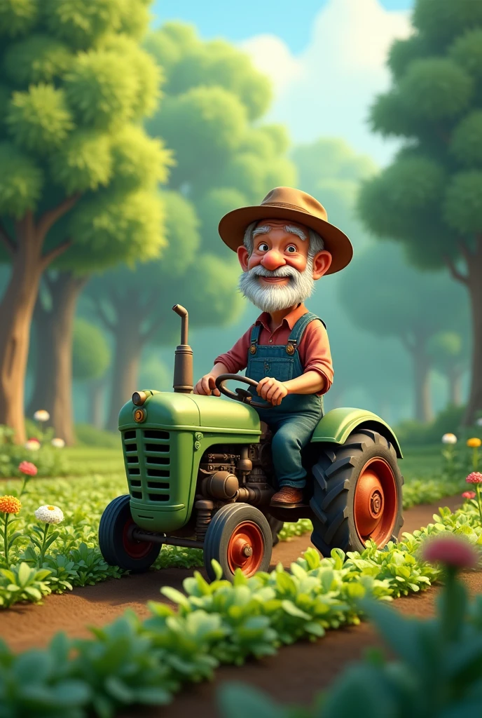 Old Farmer working in thi forest with tractor growing his field cartoon