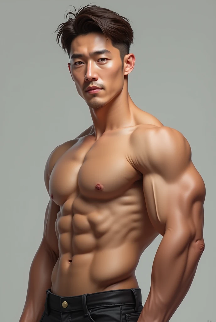 Create a realistic image of a 2 Korean man with an oval face shape, weighing 55 kg, with brown eyes and brown hair styled in a fade cut. He should have a fit physique with normal abs, wearing a fitted shirt. He should exude a sexy and cool vibe with a confident expression and well-defined features. Include subtle signs of arthritis, such as slightly swollen joints and a slight limp, but ensure these details don’t detract from his stylish appearance. Use a neutral background to highlight both his physique and condition