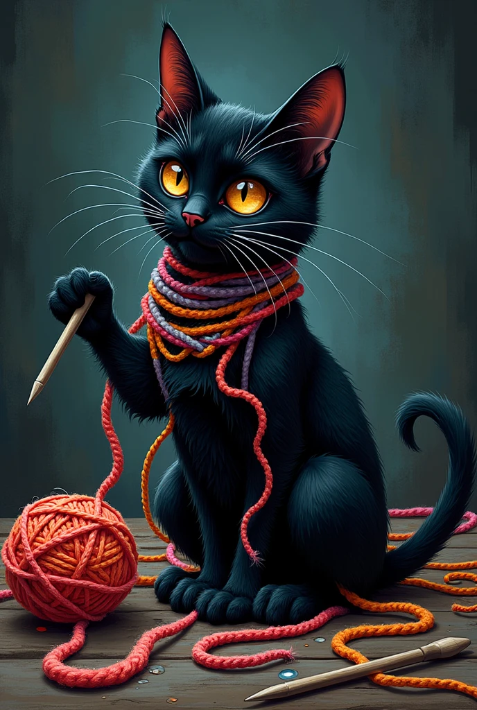 Black cat with yarn and crochet needles with dark background 