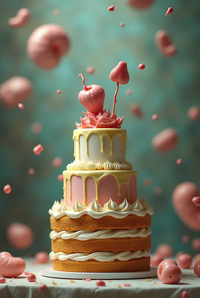 An image with a cake and tongues in the background