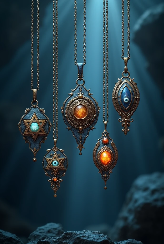 (Photorealism: 1.2), 5 amulets, many separate talismans, Wicca, Star of David, Tetragrammaton, Turkish eye, powerful pendant style, deep blue and silver color, mystical looking straight ahead, suspended.