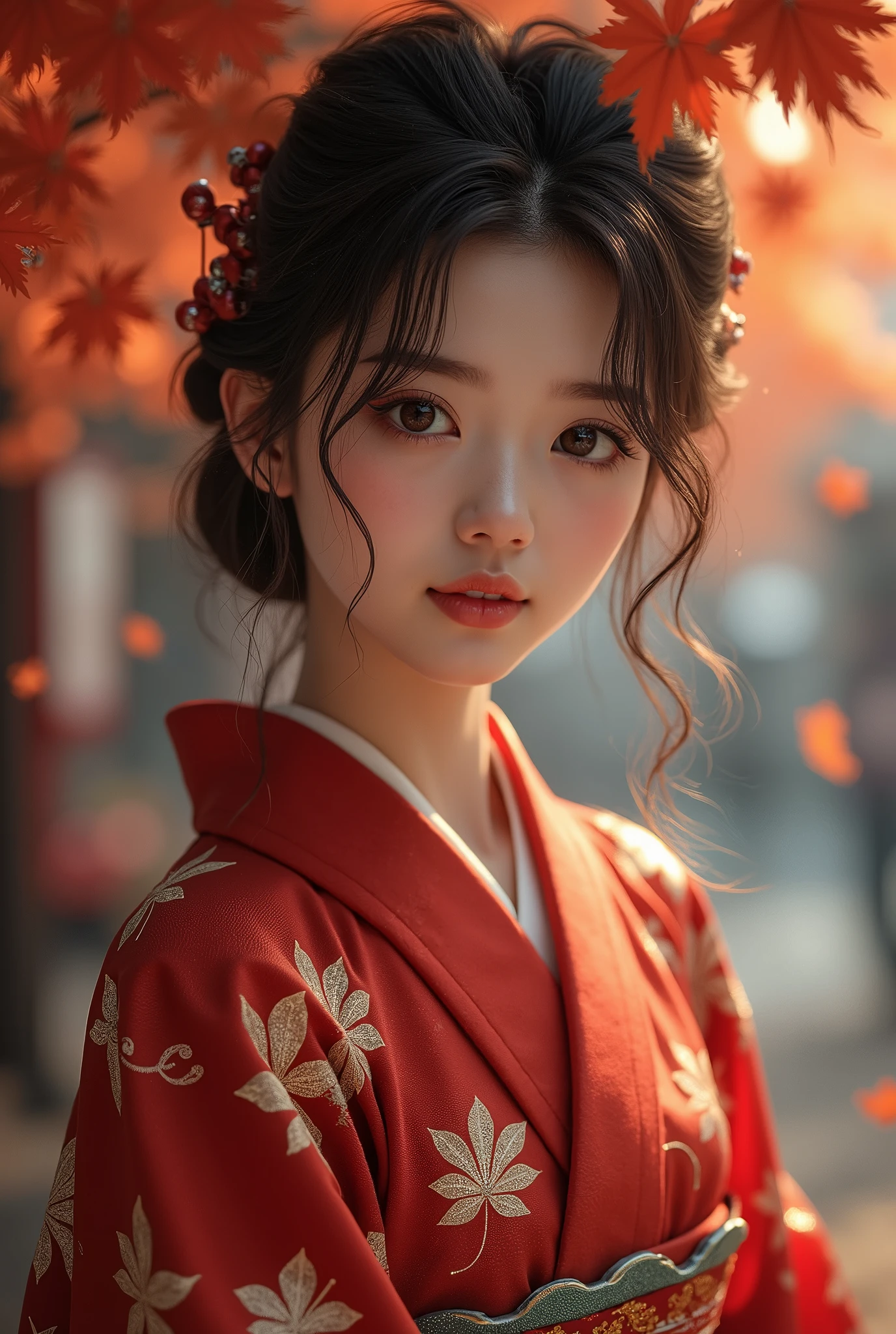 (masterpiece,Highest quality:1.4),(8k,RAW Photos,Photorealistic:1.4),Ultra-high resolution, ,(Glowing Skin:1.4),Detailed肌,Detailed顔,Detailed目,(Beautiful and shining eyes:1.2),Symmetrical eyes,Detailed耳,One person,Natural Makeup,(((Idol))),,Detailed背景,Vivid background,Beautiful and shiny hair,,((Average age breasts)),,(Detailed Sexy Japanese kimono with maple leaf pattern,,Maple leaves falling background,mysterious,whole body),,((Sharp Face)),Natural light,,(Very detailed ,,online shopping,LUMINE® Market,),real,,Professional,(Detailed,Location was great.),