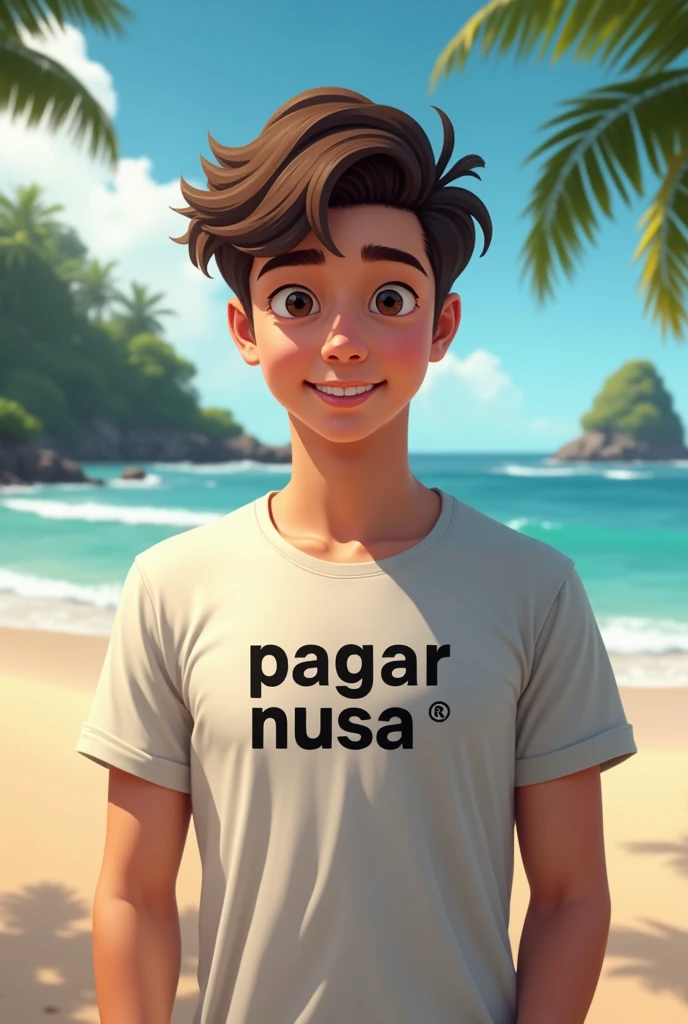 1 male youth , Java, medium body, wearing a t-shirt, written with the word pagar nusa, smile, half body visible, with Bali beach background, original