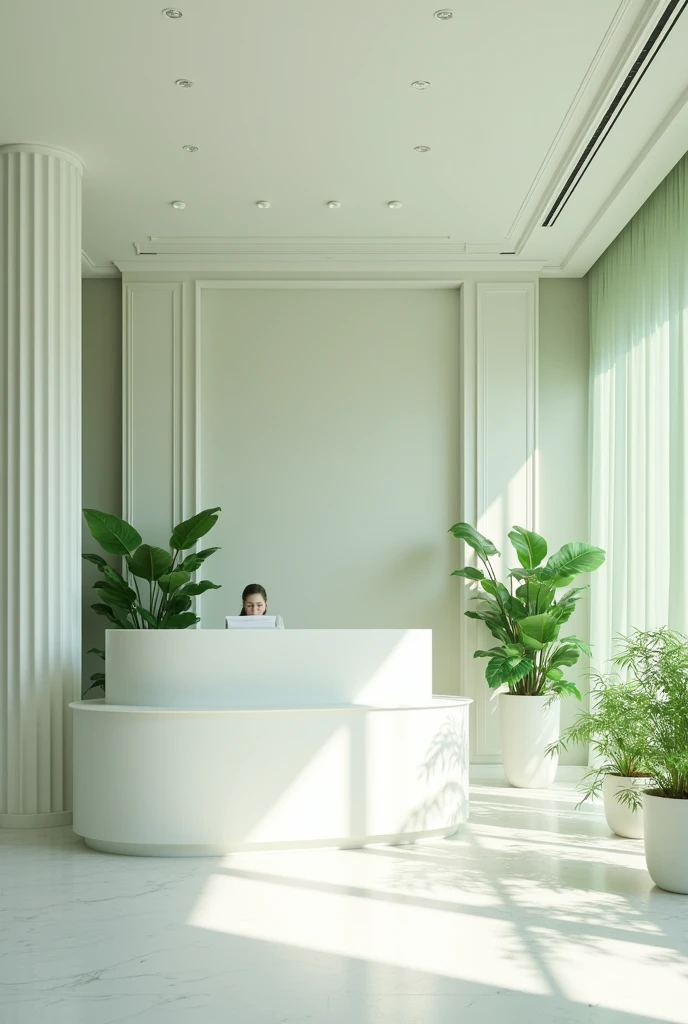 Design of the reception of a beauty clinic, a clinic in white and light green , with some white plants, a very elegant clinic, sophisticated and modern 