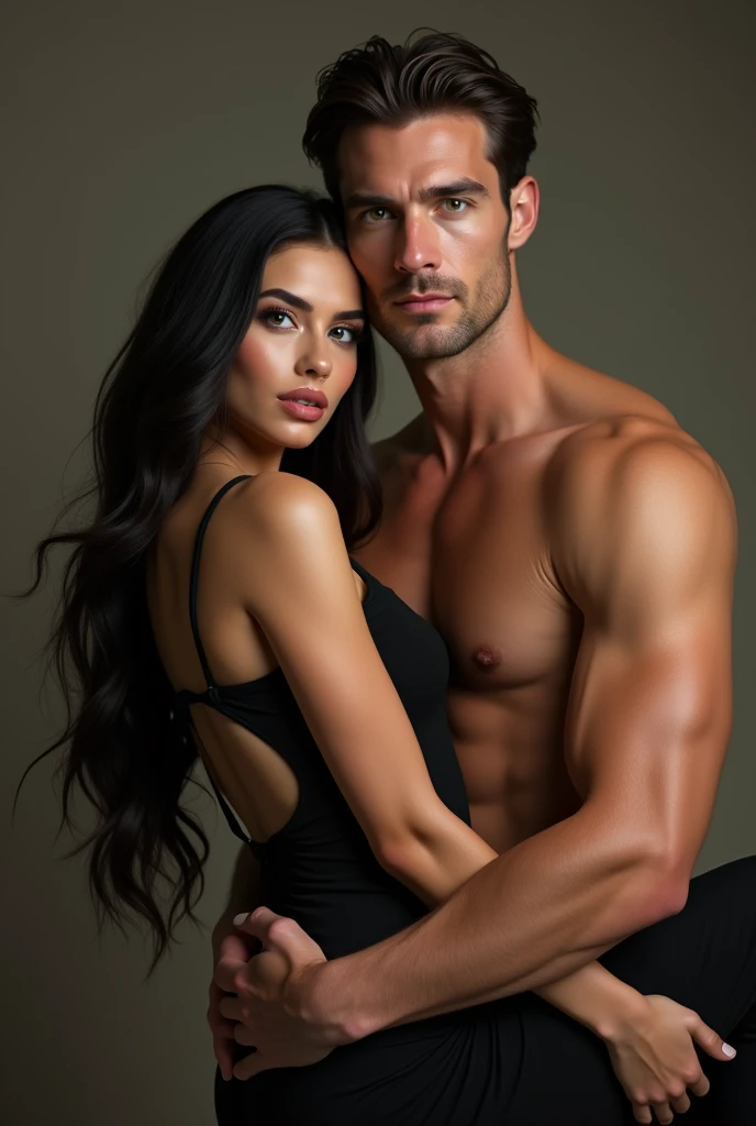 A beautiful Instagram model, long black hair, wearing a beautiful outfit , full body view, ((big boobs)), (hourglass figure), (white girl), detailed face, beautiful eyes, luscious lips, cinematic lighting, photorealistic, highres, 8k, (best quality:1.2), (realistic:1.37) , full body view , with her friend,Handsome 3 caucasian man with desireable features, medium length light brown hair, trimmed sides, clean shave face, BREAK, intriguing green eyes, tall and fit, (athletic:1.2) physique, seductive smile with confident expression He's carrying her in his arms, full body view