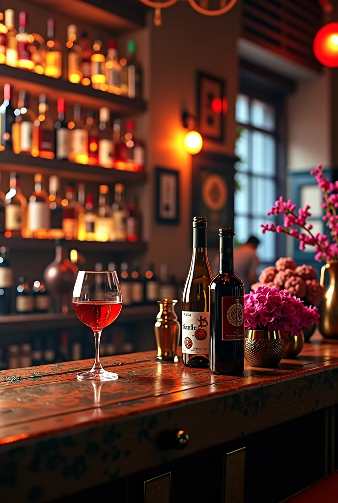 Authentic BAR、Japanese Tea、tea、Steampunk、Close up of the counter、Spectacular Background、Many wine bottles and flowers on the bar counter、Glass of wine、Dramatic chiaroscuro lighting, Rich and atmospheric colors, Structure of the film, photoRealistic, 8k, (Highest quality,4K,8k,High resolution,masterpiece:1.2),Very detailed,(Realistic,photoRealistic,photo-Realistic:1.37),High resolution,超High resolution,Studio Lighting,Ultra-fine painting,Sharp focus,Physically Based Rendering,Very detailed explanation,Professional,Vibrant colors,