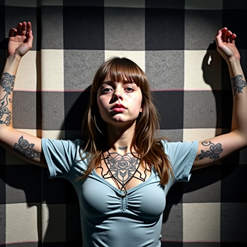 A sad young white tween 8yo girl looking in the mirror wearing a bra. Tattoos