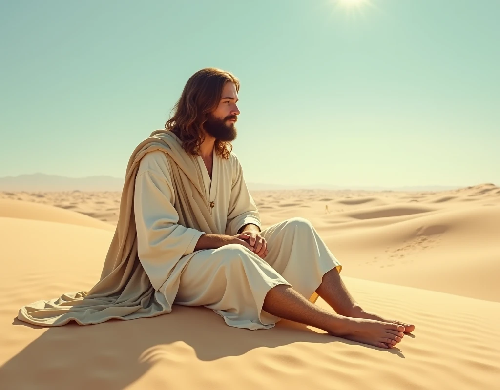 We need an image of Jesus sitting barefoot in the desert with both feet forward.