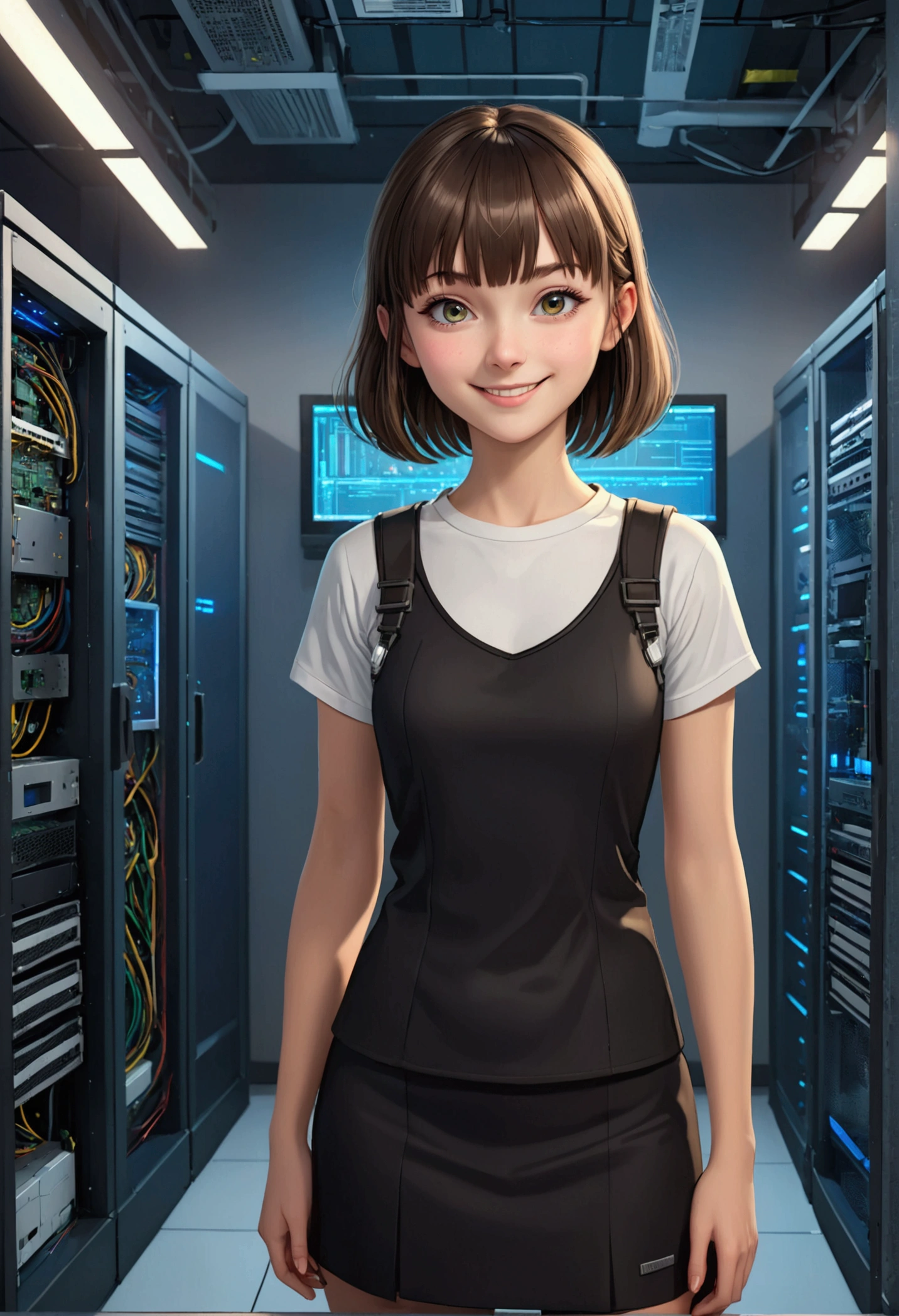 (whole body:1) A young girl, Smart casual, Hacker's server room, Delicate face, ((very cool expression)), (Straight short thin bangs:1.2), Ultra-detailed photos, (Reality), (Intricate details:1),(masterpiece :1), (best quality:1), Ultra-high resolution, (Delicate eyes), (Detailed facial features), HDR, 8K resolution, (lens flare:0.5), Light from afar, (Smile, joy)