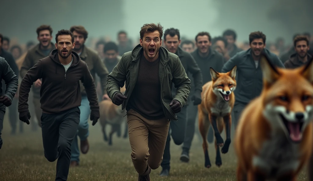 There is a shadow、Photorealistic、Ultra HD、A large group of men and women are being chased by many foxes and are desperately trying to escape.、Many men and women have their eyes wide open and their mouths wide open.、