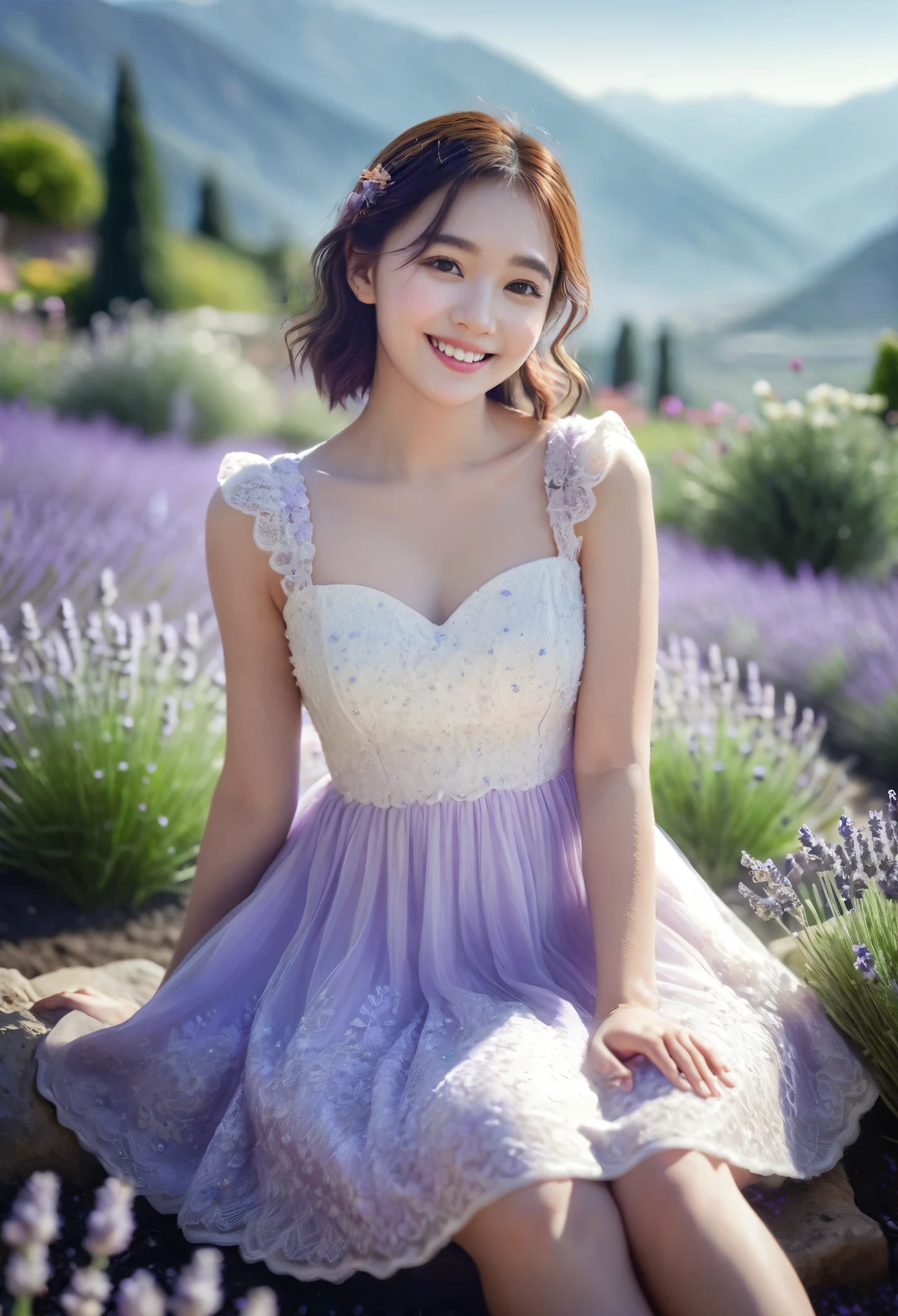 1girl,lavender,white short dress,lace dress,smile,flower garden,full body,sitting,mountains in the distance,light particles,(Depth of field,cinematic angle,cinematic lighting:1.2),blurry background,blurry foreground,(masterpiece:1.2),(best quality:1.2),(very aesthetic:1.2),(absurdres:1.2),(detailed background),newest,intricate details