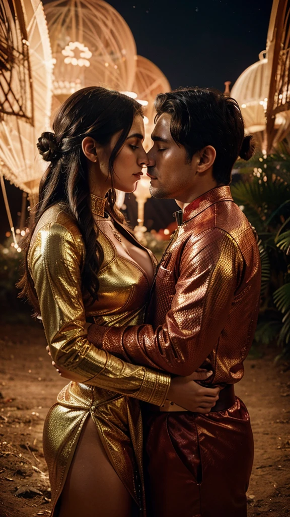 a man and woman kissing each other in a red and gold outfit A magical realm filled with intricately designed, hyperrealism and landscapes, softly blacklight by mystical orbs Indians , sexy,