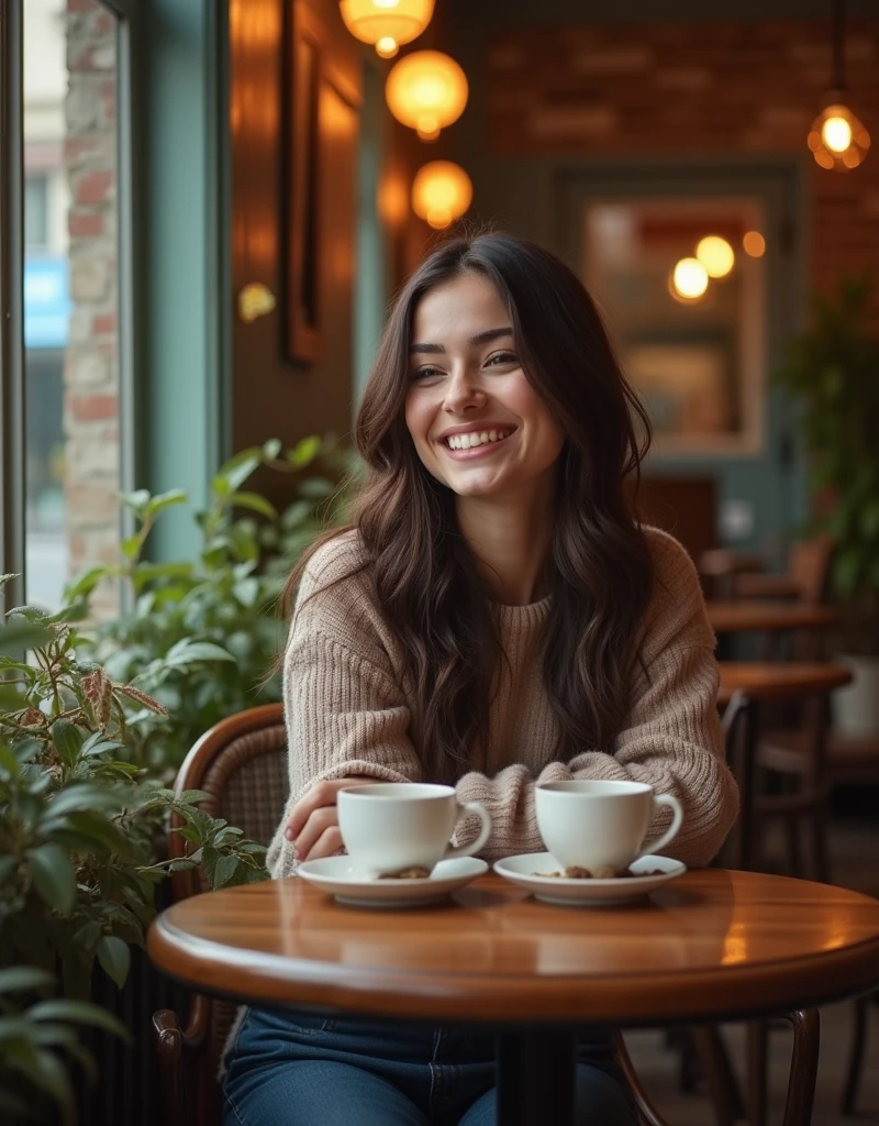 The model sits at a small, round café table, leaning forward slightly with one hand resting on the table and the other holding a coffee cup. Her expression is flirty and engaging, with a soft smile and playful eye contact as if she's enjoying a light-hearted conversation. Capture from a slightly low angle to include the quaint café environment and highlight her interaction with the setting.