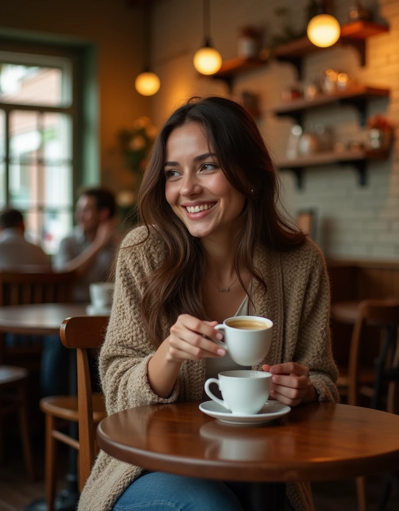 The model sits at a small, round café table, leaning forward slightly with one hand resting on the table and the other holding a coffee cup. Her expression is flirty and engaging, with a soft smile and playful eye contact as if she's enjoying a light-hearted conversation. Capture from a slightly low angle to include the quaint café environment and highlight her interaction with the setting.