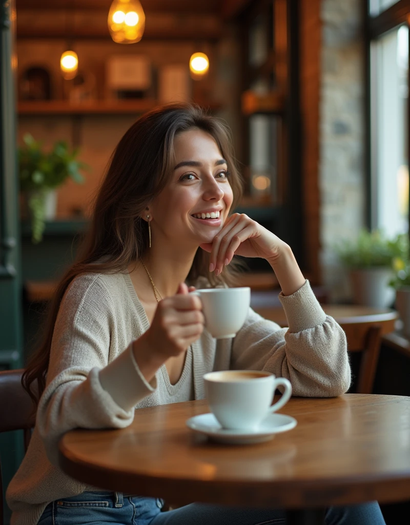 The model sits at a small, round café table, leaning forward slightly with one hand resting on the table and the other holding a coffee cup. Her expression is flirty and engaging, with a soft smile and playful eye contact as if she's enjoying a light-hearted conversation. Capture from a slightly low angle to include the quaint café environment and highlight her interaction with the setting.