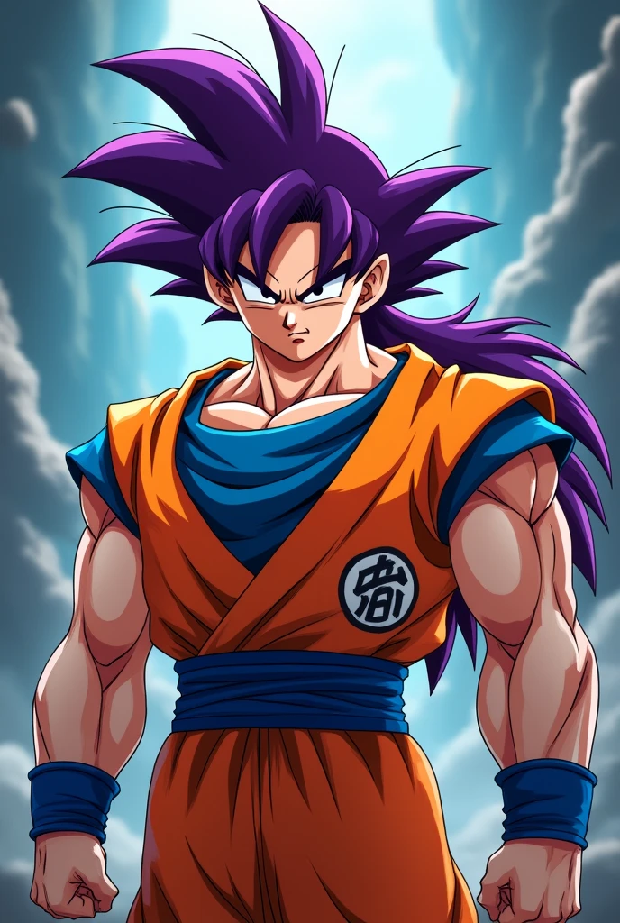 Goku with purple hair and an orange jacket and a blue shirt