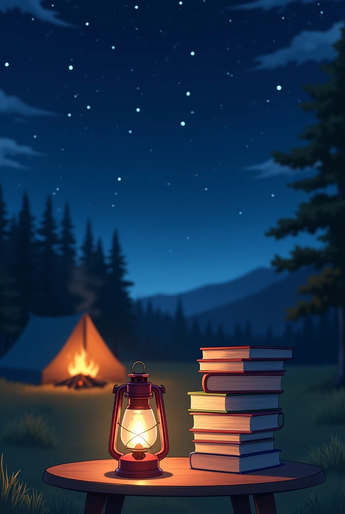 The reading atmosphere at the campsite features a stack of books on a small table, illuminated by a tiny lantern as the main focus, with a campfire and tent visible in the background against a clear, star-filled night sky, no people, cars, or any type of vehicle in the area. The scene is presented as a high-quality image, reminiscent of a famous anime background.