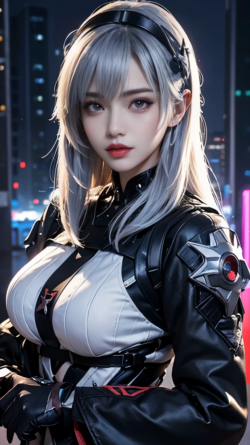 masterpiece、high quality、High resolution、high resolution, Silver Hair, Japanese Chest、,(Fluorescent cyberpunk costume) , night .Degrees of Freedom:1.8、Super big breasts:1.8、Long sleeve、Beautiful symmetrical face、Small future headgear、Hyper Detail、Octane Rendering、超A high resolution、8k、Upper Body、red、white、Realistic textured face and skin、redいマント、Bend、squat、front、Look this way、Thick lips:1.5、Black lipstick:1.5、Black Rouge、