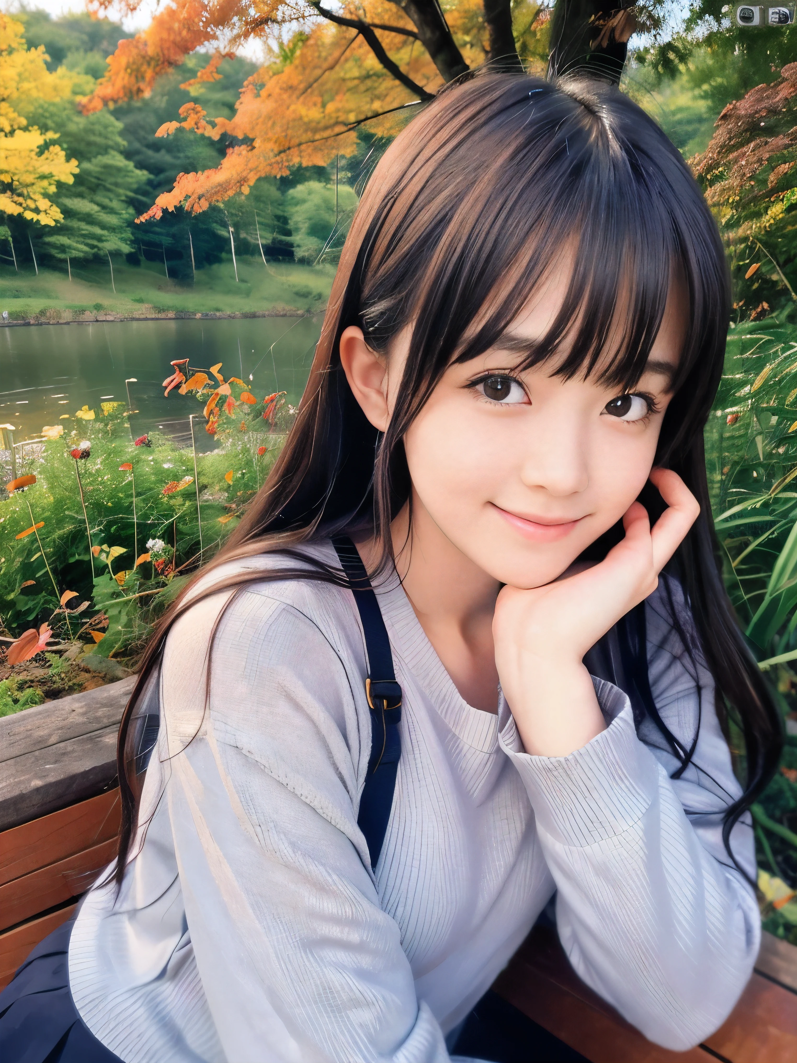 (Close up face shot of one slender small breasts dark silver long hair with swept bangs girl in a long sleeves shirt and sweater and skirt:1.5)、(One girl is looking back with sad smile on the dart road near the lake and big waterfall in Japan:1.5)、(Beautifulsunset time with autumn red leaves and mountain:1.5)、(Natural light:1.5)、(8k ultra detailed master piece:1.5)、(perfect anatomy:1.5)、(Photorealistic stick:1.5)、(Raw photo:1.3)、(highest quality:1.5)、(High resolution:1.3)、(Delicate and beautiful perfect face:1.3)、(Delicate and beautiful eye air skin:1.3)、(Real Human Skin:1.3)、((thin legs))