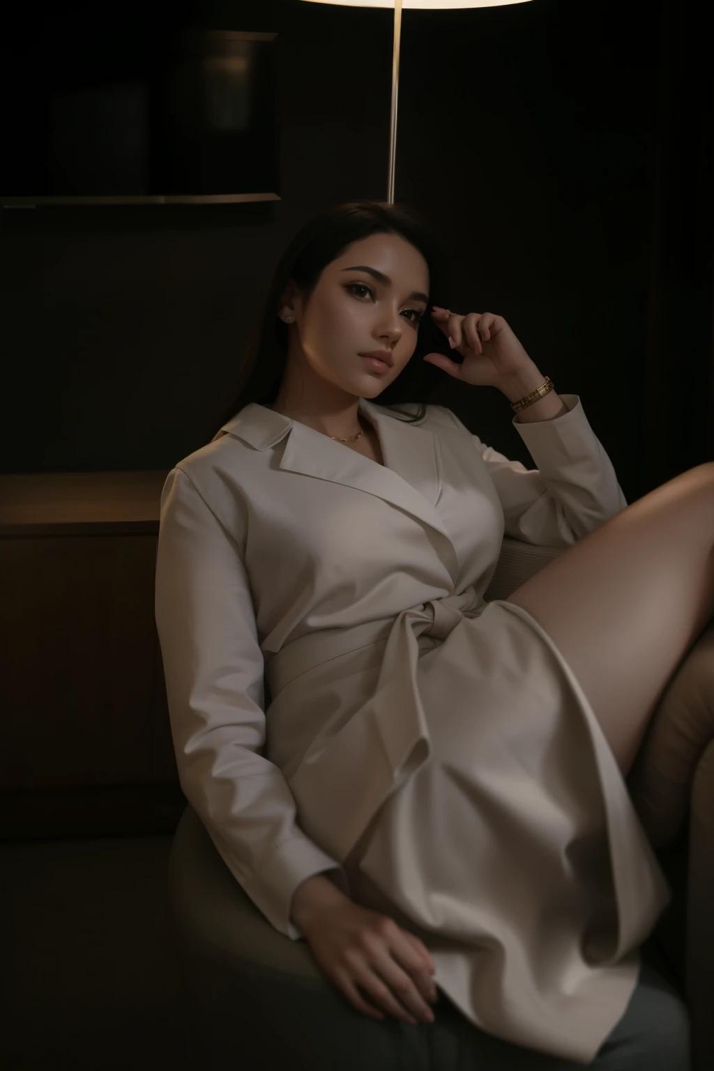 beautiful girl sitting on a chair, hand in the face, photoshoot,Realism