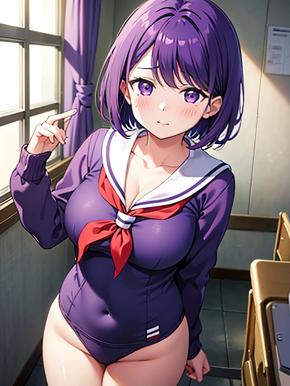 Shooting in the classroom,Photograph the whole body,Are standing,Nagisa Kubo, One girl,Purple Hair,Purple eyes,short hair,Big Breasts,Cleavage,Sexy Sailor Suit