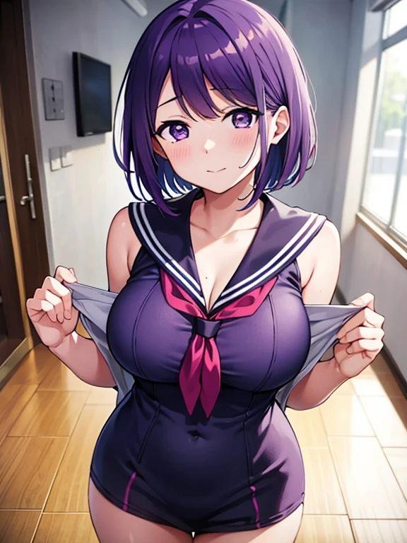 Shooting in the classroom,Photograph the whole body,Are standing,Nagisa Kubo, One girl,Purple Hair,Purple eyes,short hair,Big Breasts,Cleavage,Sexy Sailor Suit